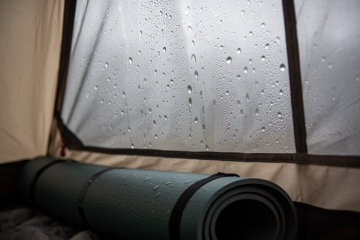 Tenda illuminata dall'interno durante una forte pioggia notturna in un campeggio di montagna