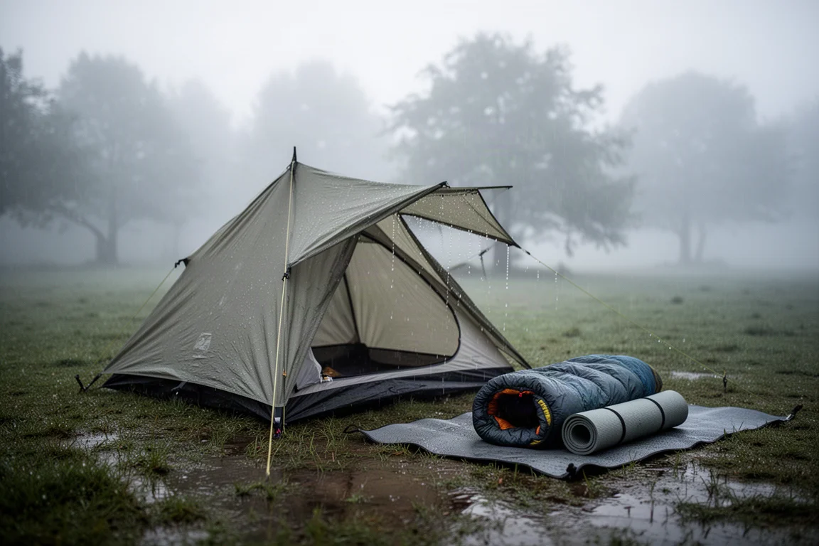 Tenda da campeggio bagnata in una radura nebbiosa durante una soffice luce del primo mattino