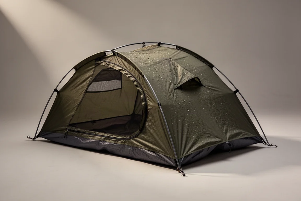 Compact olive bivy tent pitched on a neutral grey backdrop with water beading on the fly
