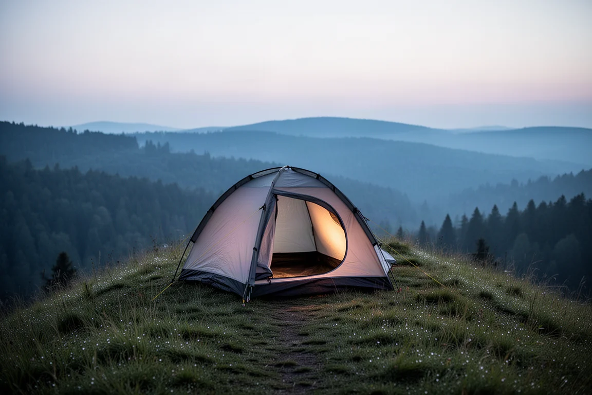 Tente bivvy solo à profil bas montée sur herbe courte au crépuscule avec des collines en arrière-plan