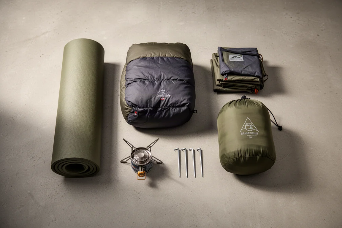 Tente roulée dans un sac de rangement attachée à un sac à dos de randonnée à l'aube