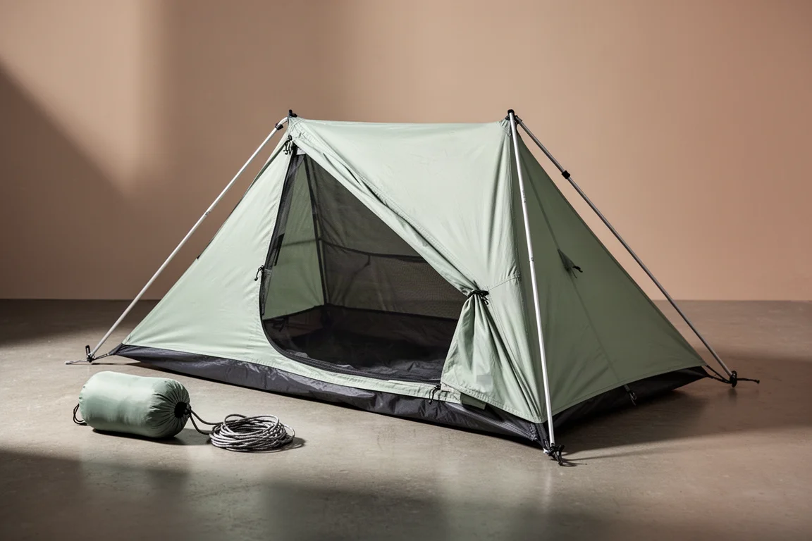 Low-profile one-person bivvy tent in pale green pitched beside its stuff sack on concrete
