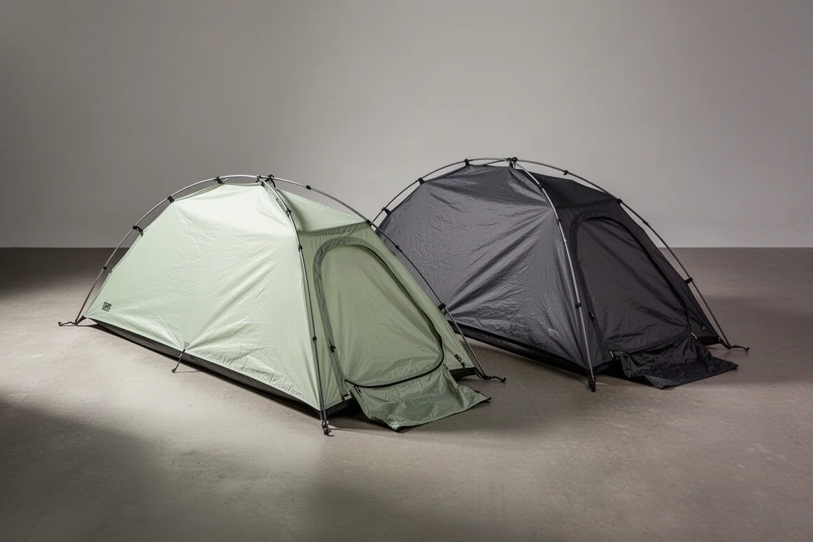 Two low-profile one-person bivvy tents pitched side by side in pale green and dark charcoal