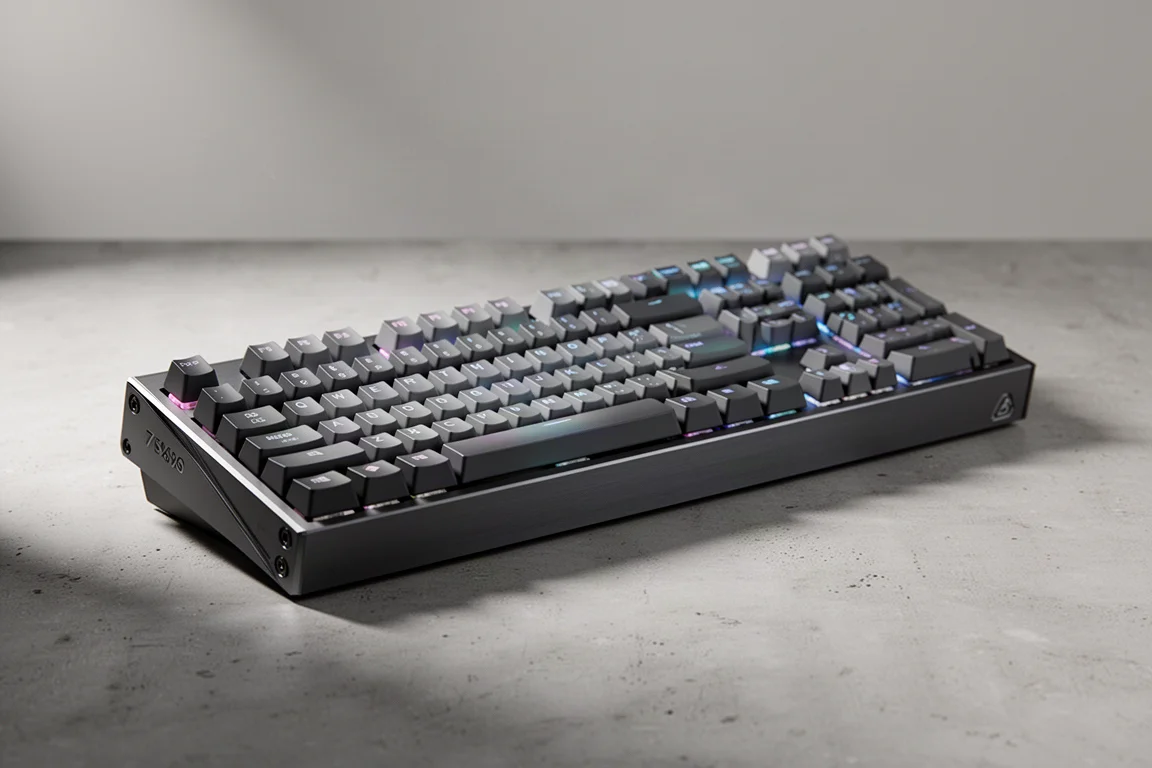 コンクリートのテーブルに、さまざまなサイズと素材のゲーミングキーボードが並んでいる様子