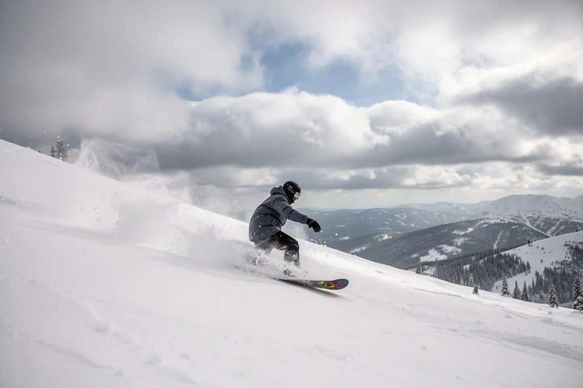 Snowboarder che scivola attraverso neve fresca soffice e profonda su una discesa di montagna