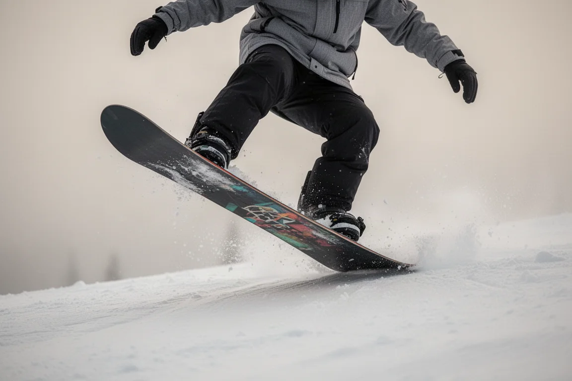 Snowboarder che esegue un nose press butter su una pista ben battuta e liscia