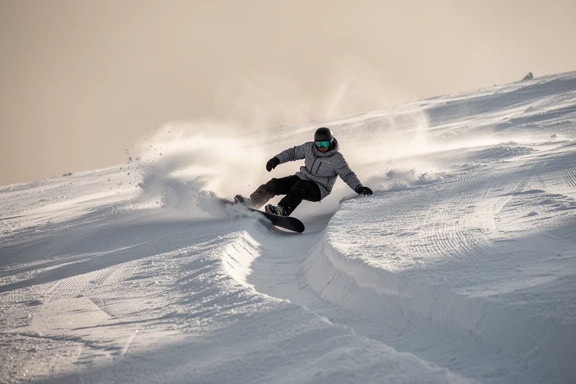 Snowboard che traccia un profondo solido di curva su una pista battuta