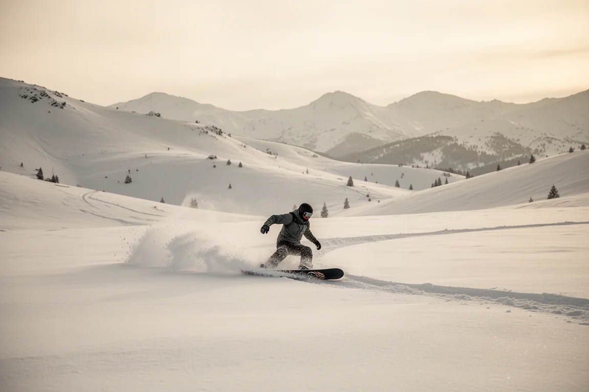 Snowboard che flotta su campi di polvere intoccata nella luce soffusa del pomeriggio