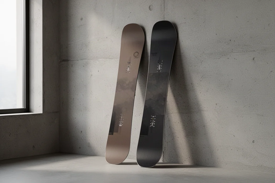 Snowboard Wired Ark in piedi contro un muro di cemento in una luce soffusa