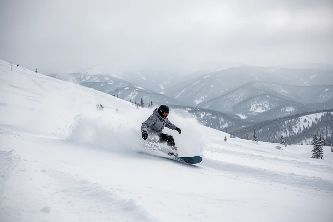 Snowboarder riding through deep untracked powder on a mountain slope