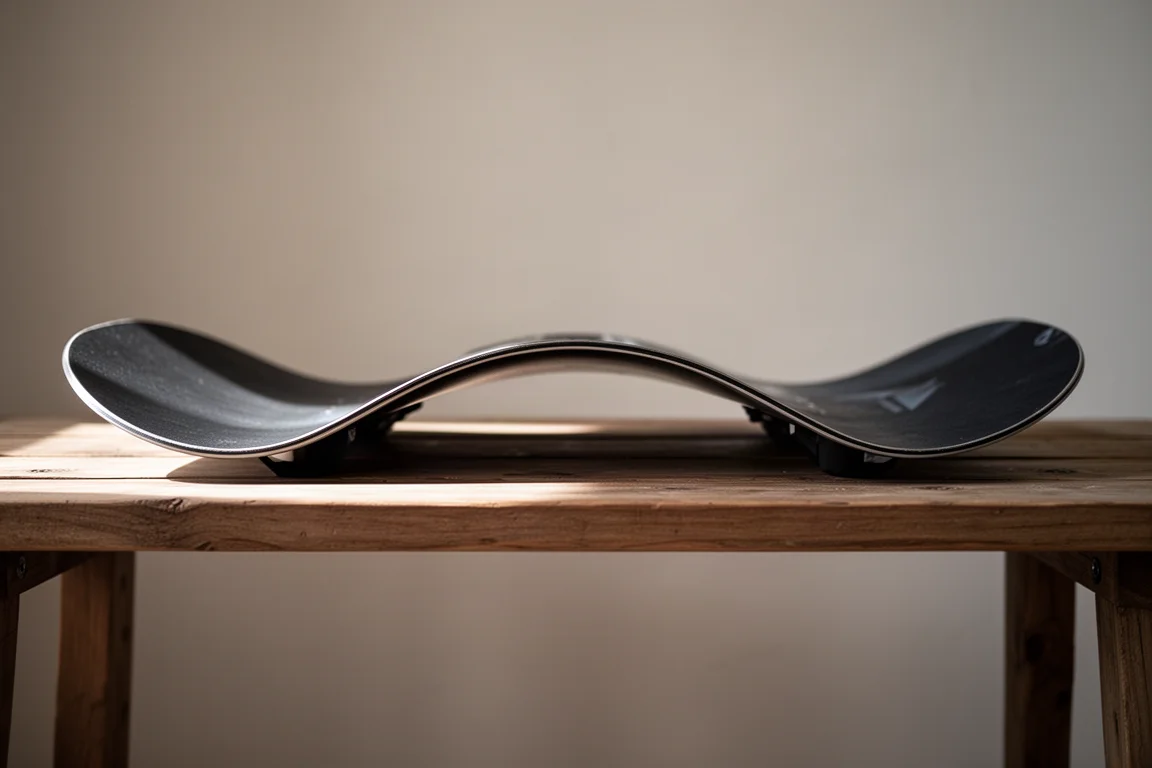 Close-up of a snowboard base showing the camber arc between contact points