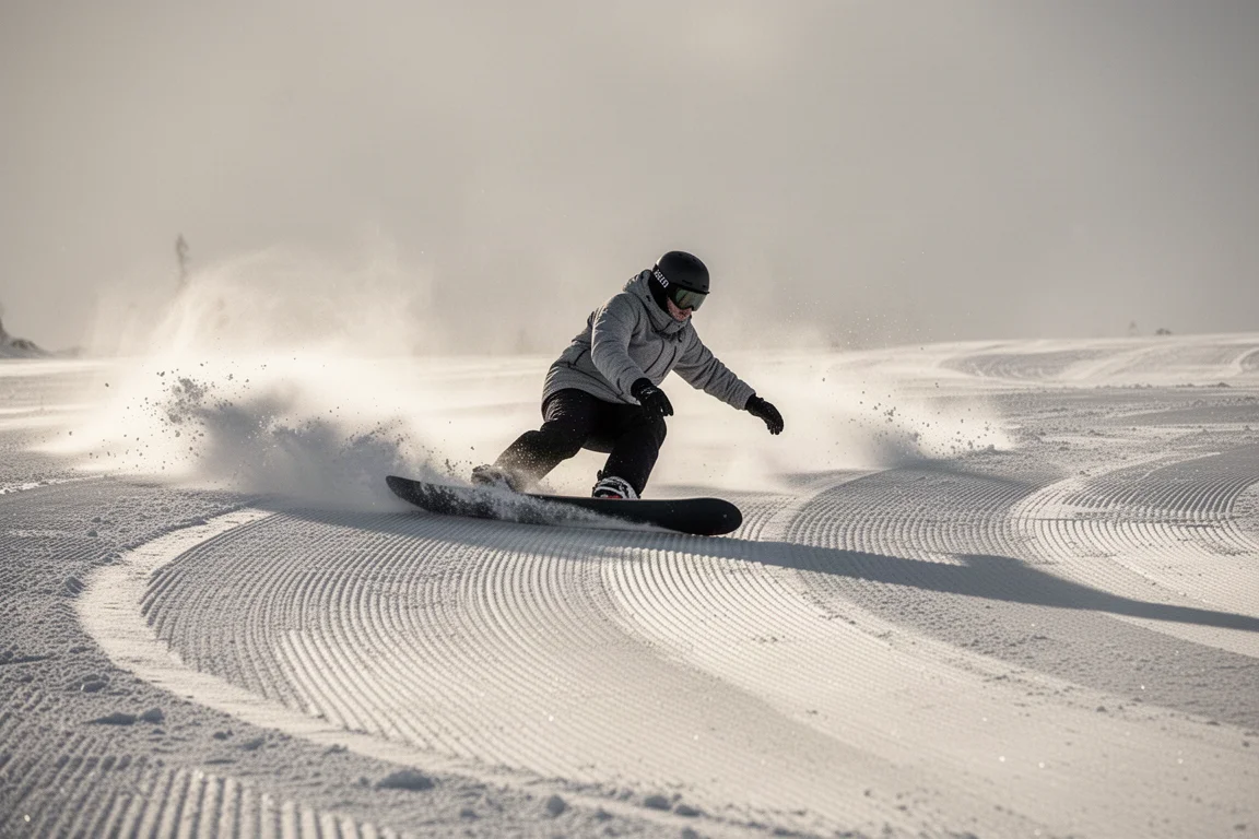 Snowboarder carving a wide arc on a groomed run at moderate speed