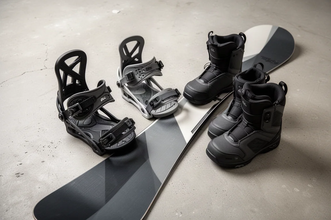 Snowboard bindings and boots staged next to a snowboard on a bench