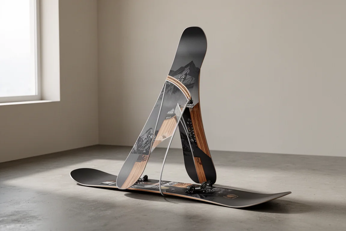 Wired Chase directional snowboard standing upright showing its camber profile