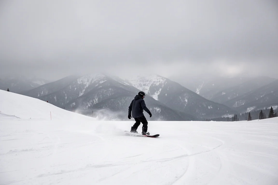 Snowboarder traversing a soft groomer under flat overcast light
