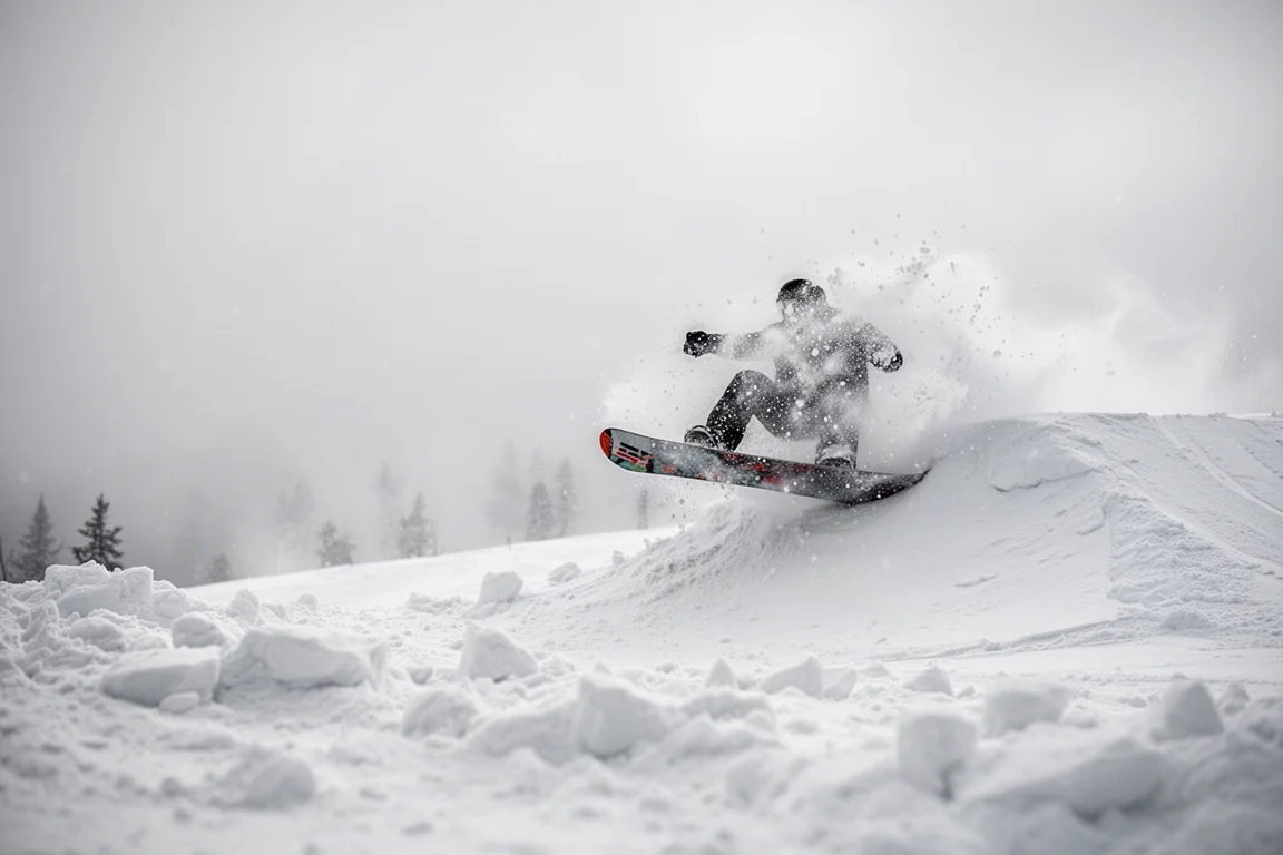 Snow spray kicked up as a snowboard launches off a small side hit