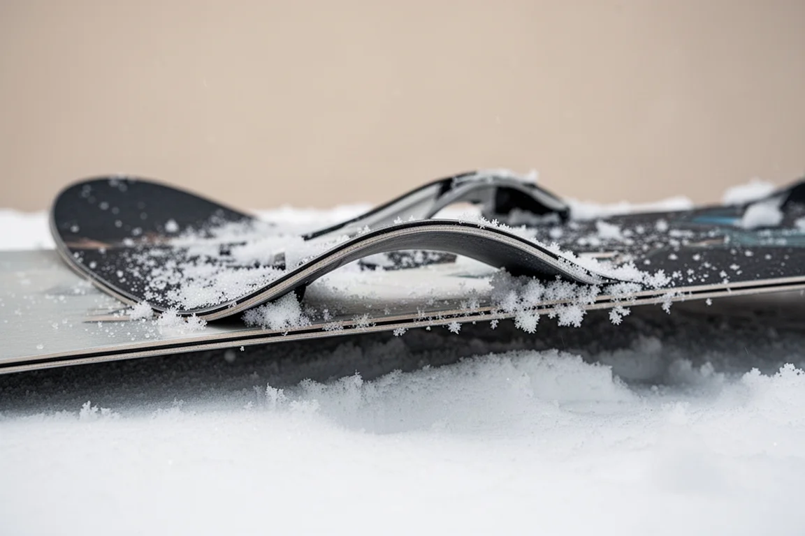 Close-up of a snowboard camber arc underfoot with snow crystals on the base