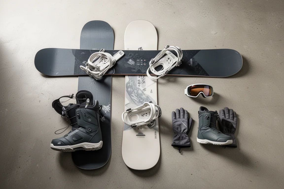 Overhead flat-lay of snowboard, bindings, boots and gloves on concrete