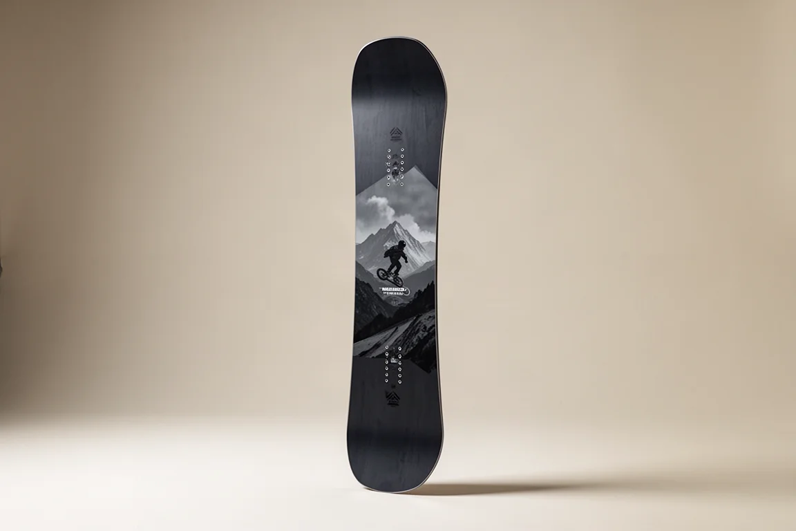 Traditional camber all-mountain freestyle snowboard standing on a neutral backdrop