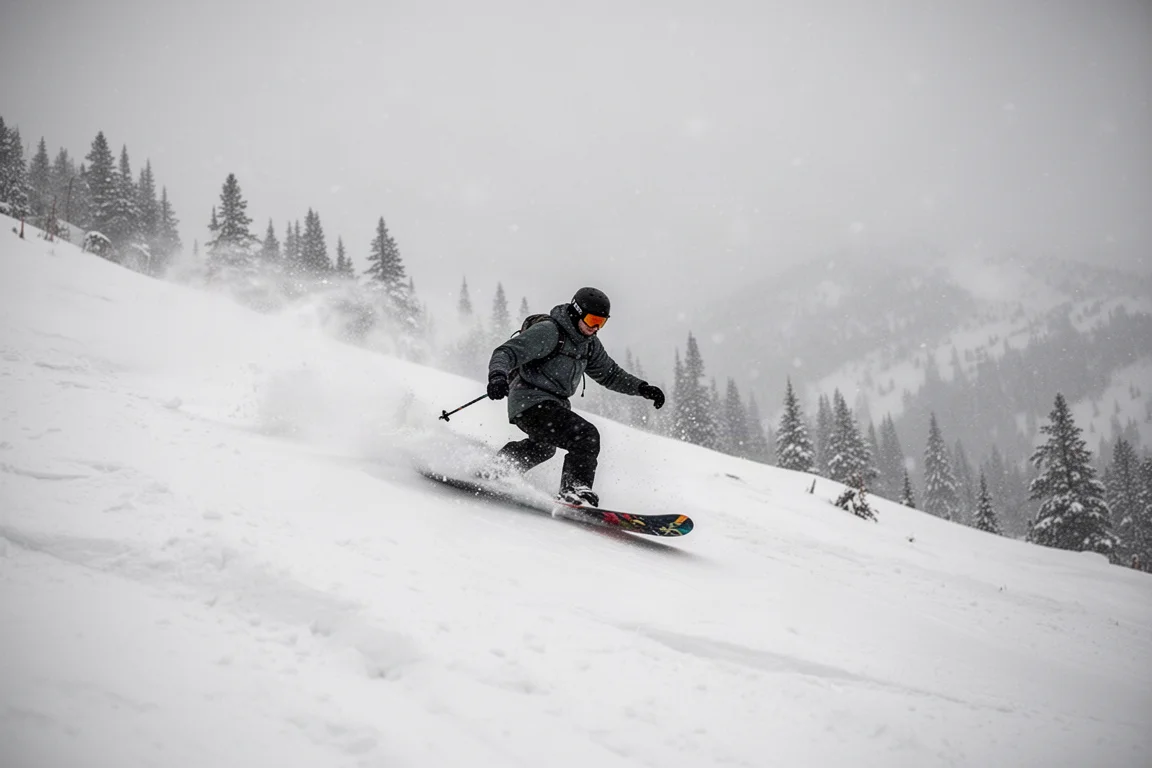 Snowboardåkare som åker genom upphackad vårsnö på en mulen dag
