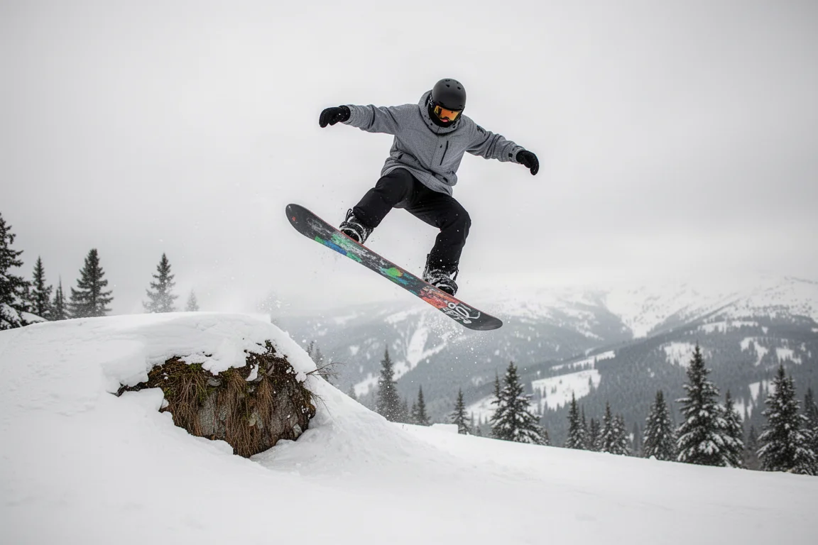 Snowboardåkare som hoppar från en sidokant med brädan laddad i camber