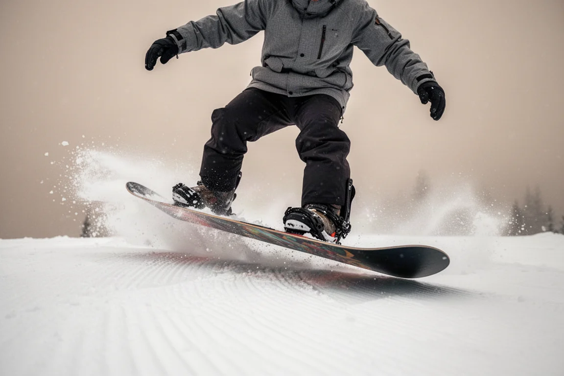 Snowboardåkare som trycker ner i en nose butter, vikten utsträckt över tippen