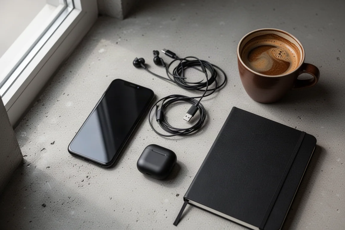 Flat-lay of smartphone, USB-C earphone cable, charging case, notebook, and coffee on concrete