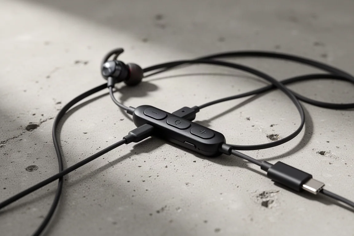 Close-up of wired earphone cable with inline remote and USB-C connector on concrete