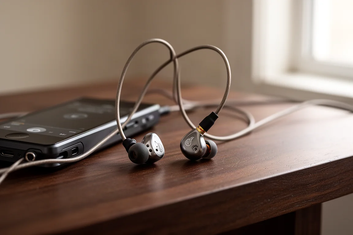 Small wired in-ear monitor with over-ear cable beside a portable music player on wood
