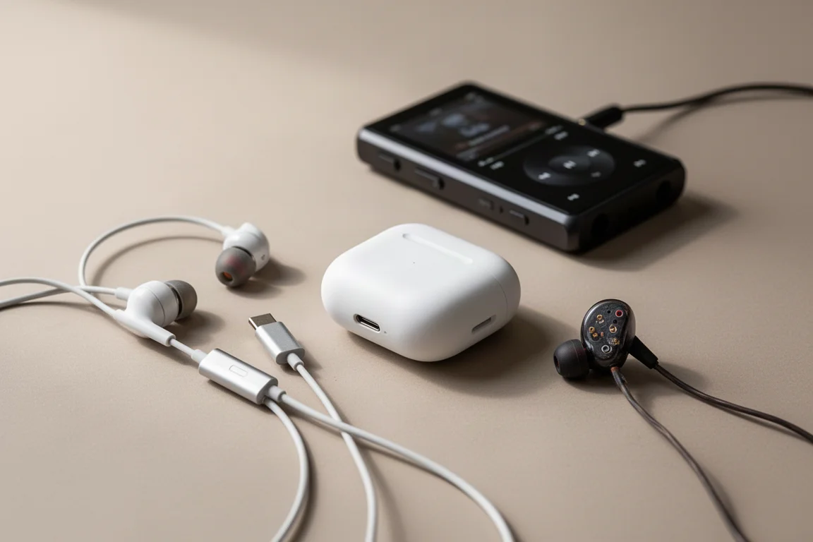 Three earphone types arranged on a neutral surface with a portable music player behind