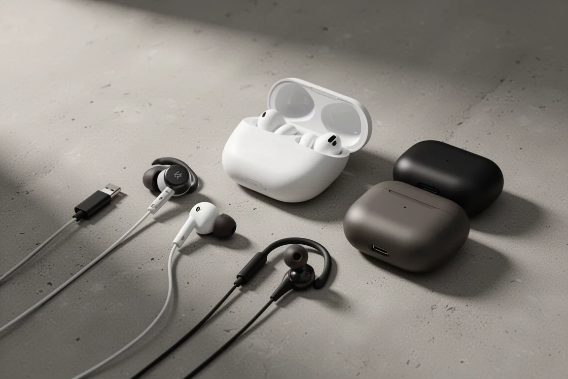 Four earphone types arranged on concrete: wired USB-C, white true wireless, dark wired, and a dark charging case