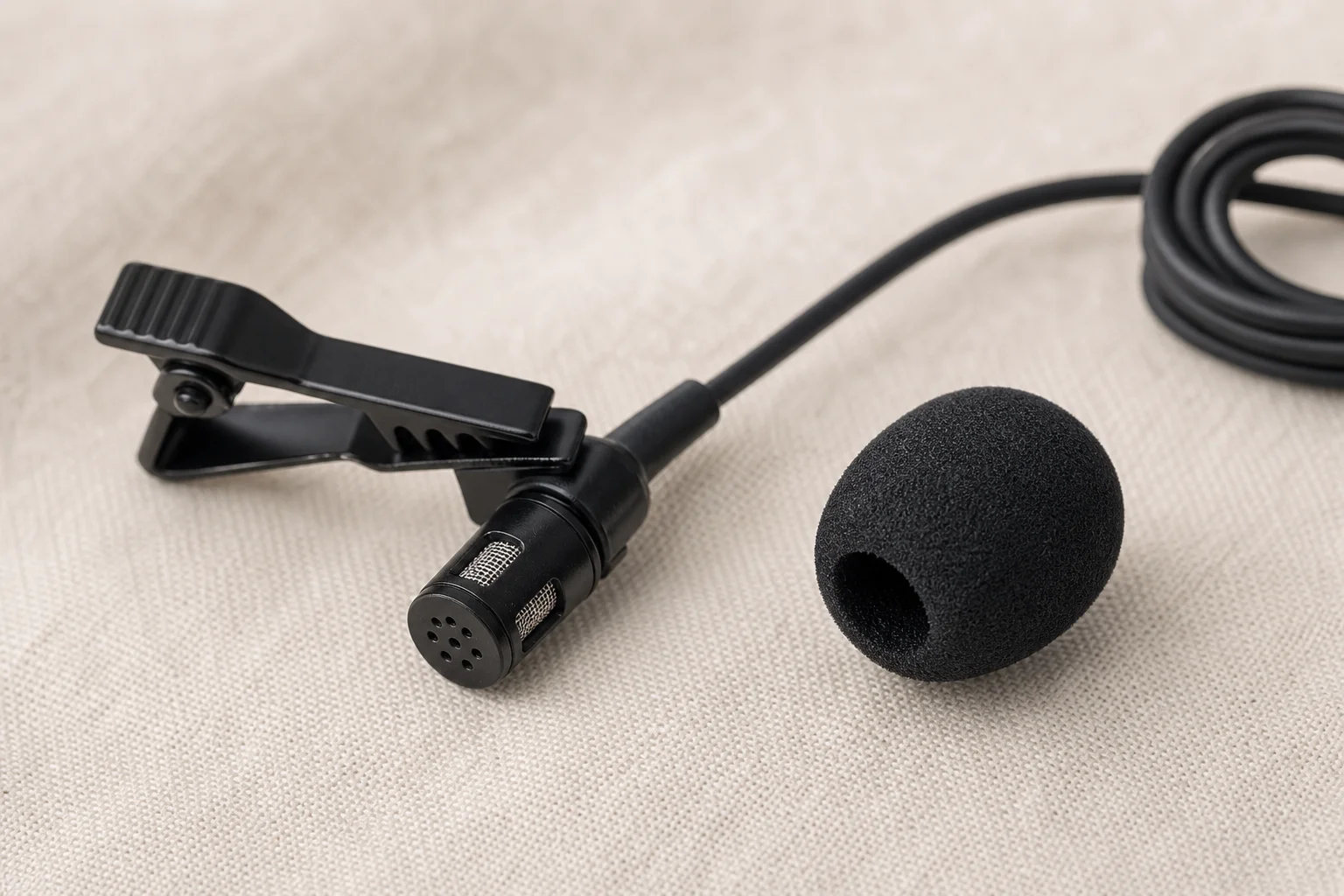 Lavalier microphone with windscreen foam on fabric surface