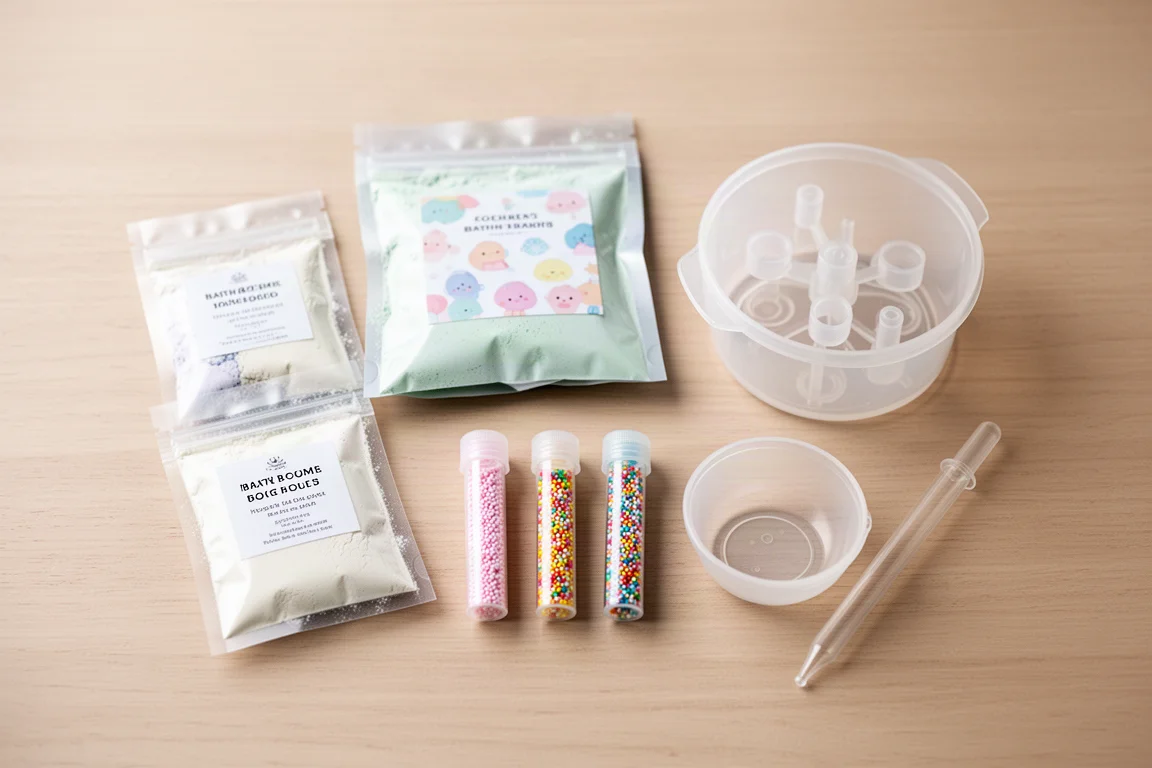 Scatola aperta del kit per bombe da bagno con bustine di polvere, granelli decorativi e stampo in plastica disposti su un tavolo