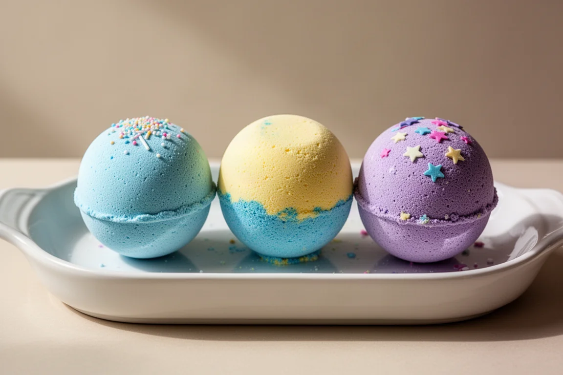 Tre bombe da bagno fatte a mano finite, blu, giallo-blu e viola, appoggiate su un vassoio bianco