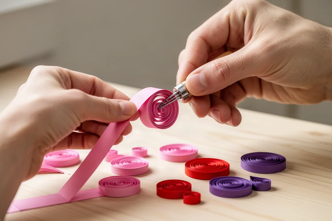 Mani che arrotolano strisce di carta colorate in spirali strette con uno strumento da quilling su un tavolo creativo