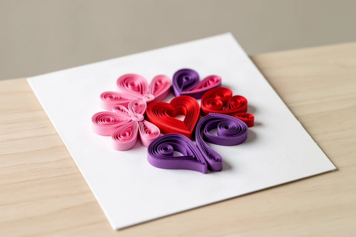 Opera di quilling finita con fiori di carta arrotolata disposti in un pattern su cartoncino bianco