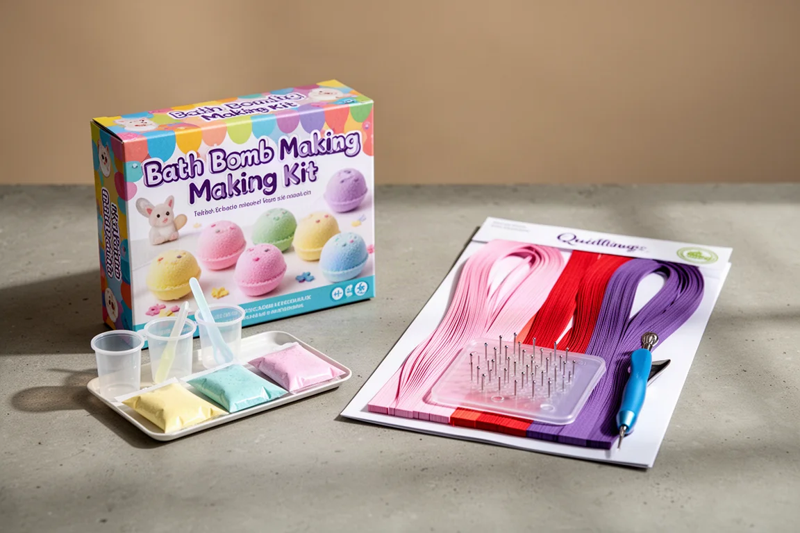 Two craft kits side by side on a concrete surface: a bath bomb kit box and a paper quilling kit