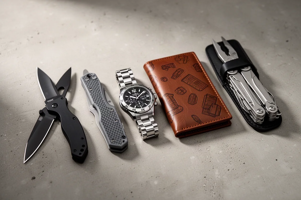 Five ECD items including knives, a watch, a wallet and a multi-tool arranged on concrete