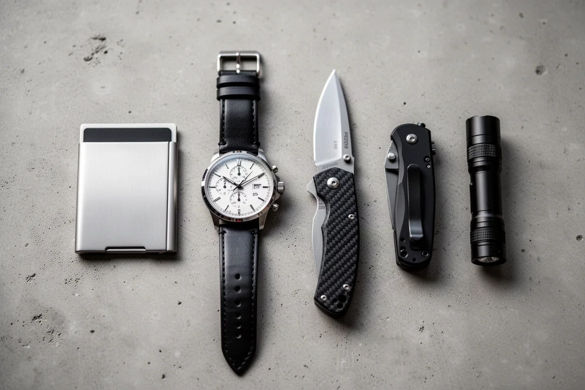 Flat-lay of cheap EDC knockoff gear including a metal wallet, watch, folding knife, automatic knife, and flashlight