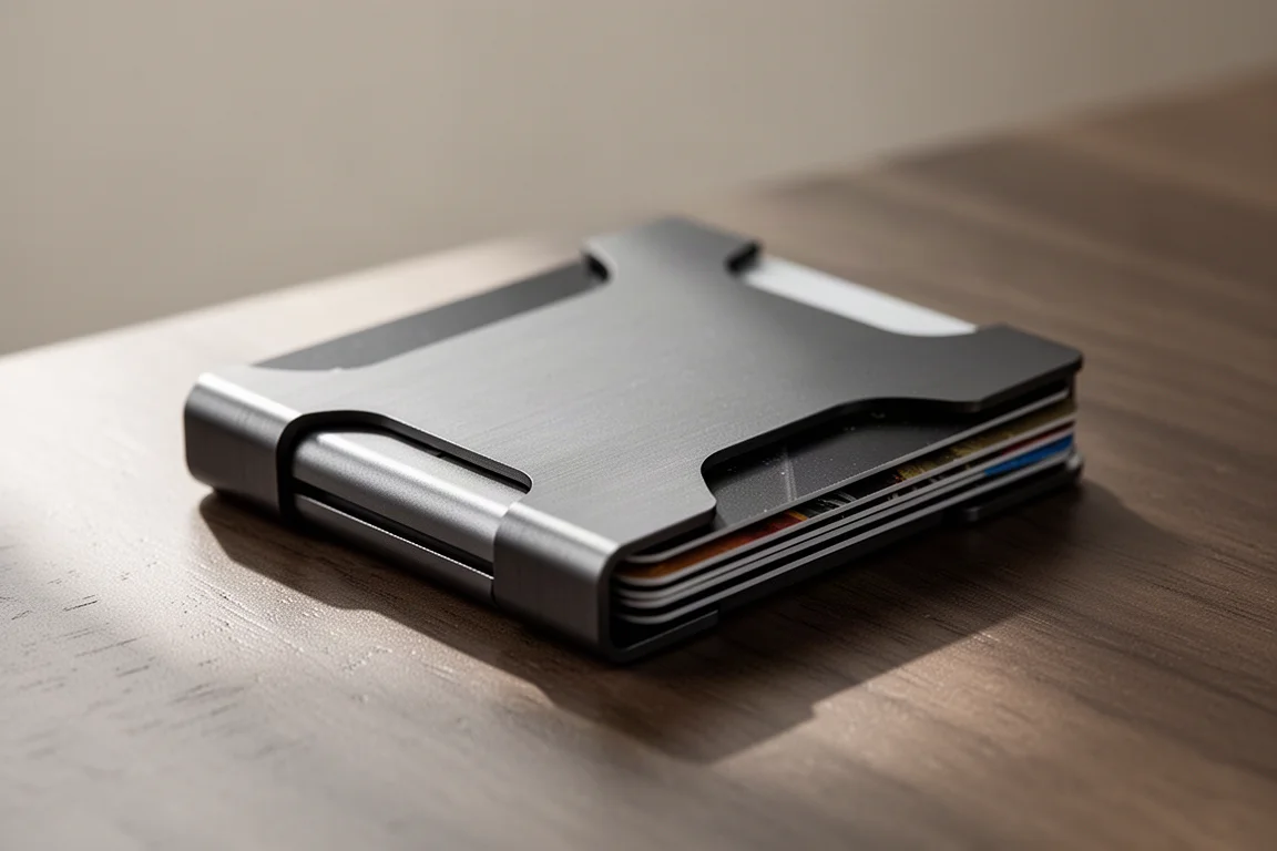 Close-up of notched metal wallet plates holding cards