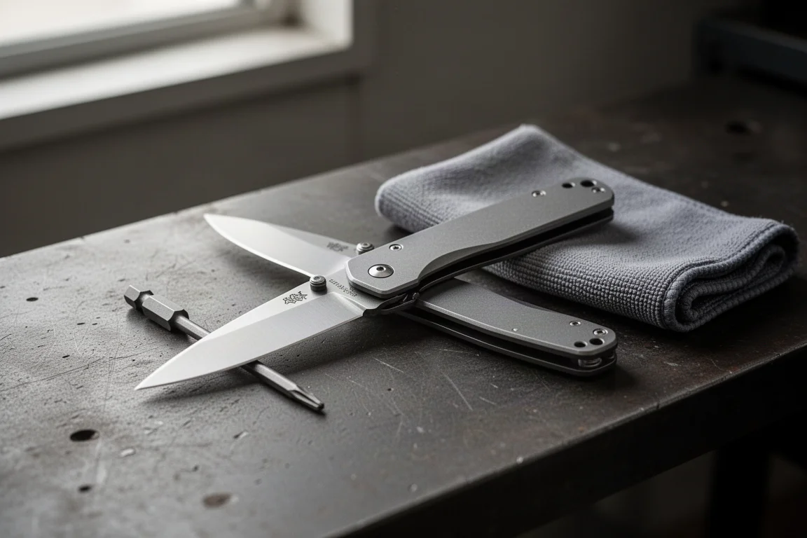 Folding pocket knife open on a workbench with tools nearby