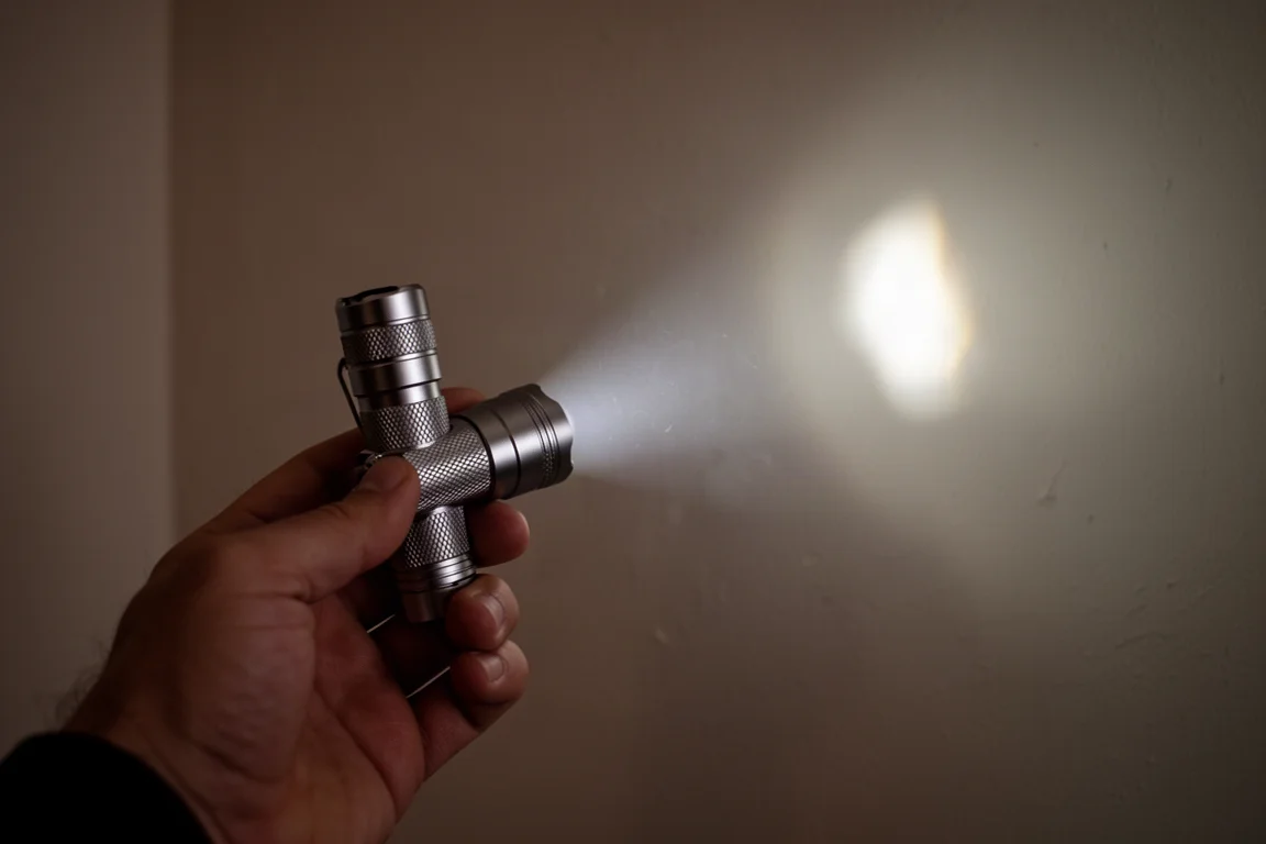 Hand holding a cheap aluminum flashlight casting a beam in a dim room