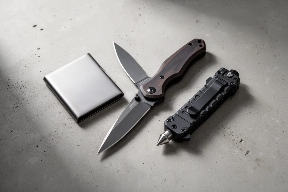 Flat-lay of minimalist metal wallet, folding knife, and automatic knife on concrete