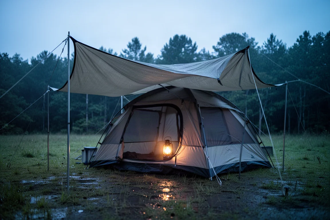 Campare som sätter upp ett stort tält som sätts upp på ett ögonblick intill ett presenningstält på en gräsbevuxen campingplats