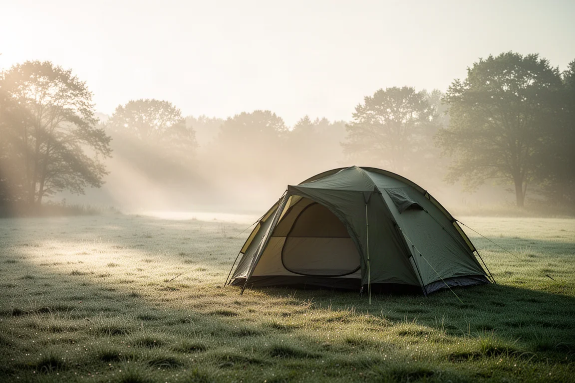 Campingkök under en stor presenning med regn som faller över en skogs campingplats