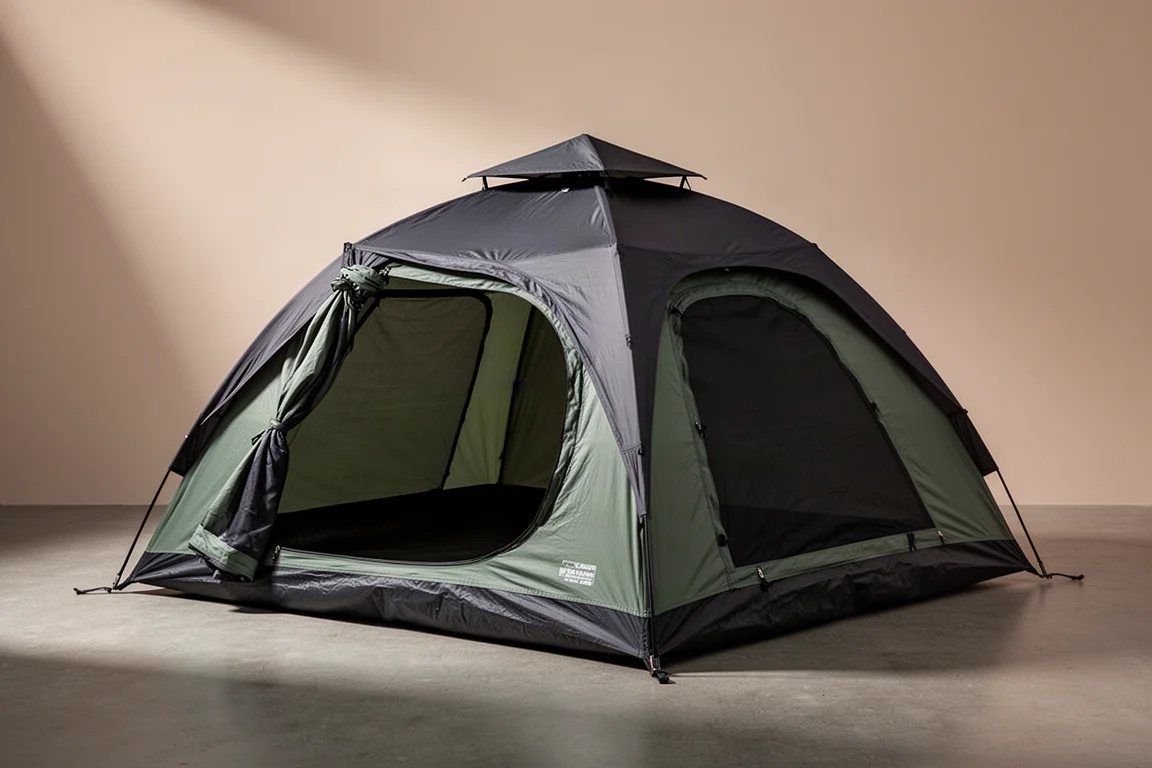Large instant setup dome camping tent pitched on a matte concrete surface with the side door open