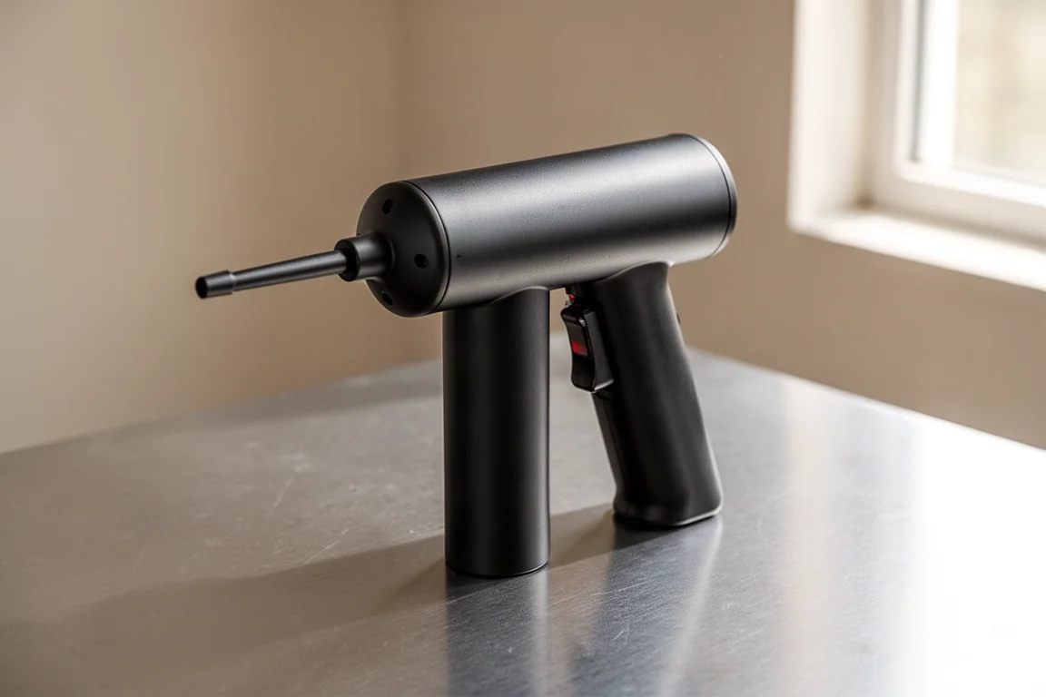Flat-lay of ten automotive tools including dash cam, air duster, jump starter, and space heater on concrete surface