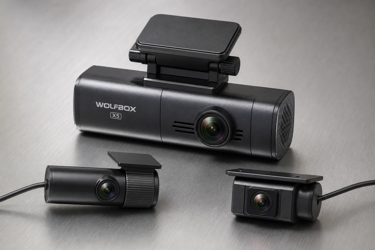 Sammlung moderner Dash Cams auf einer Betonoberfläche, die Einzel-, Dual- und Spiegelmodelle zeigen