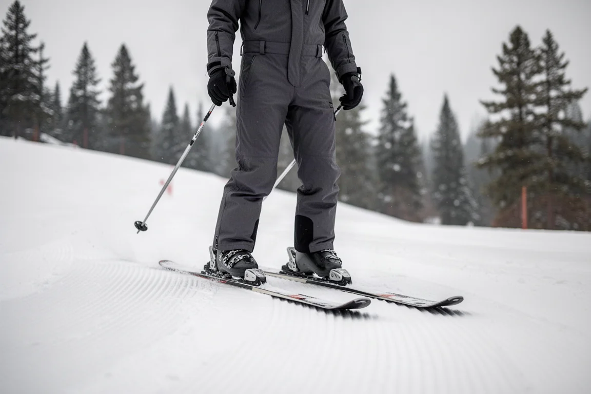 Sciatore con pantaloni da neve scuri su una pista battuta in dolce luce diurna