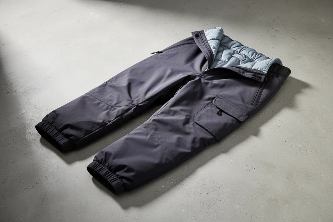 Dark charcoal insulated snow pants laid flat on a concrete surface